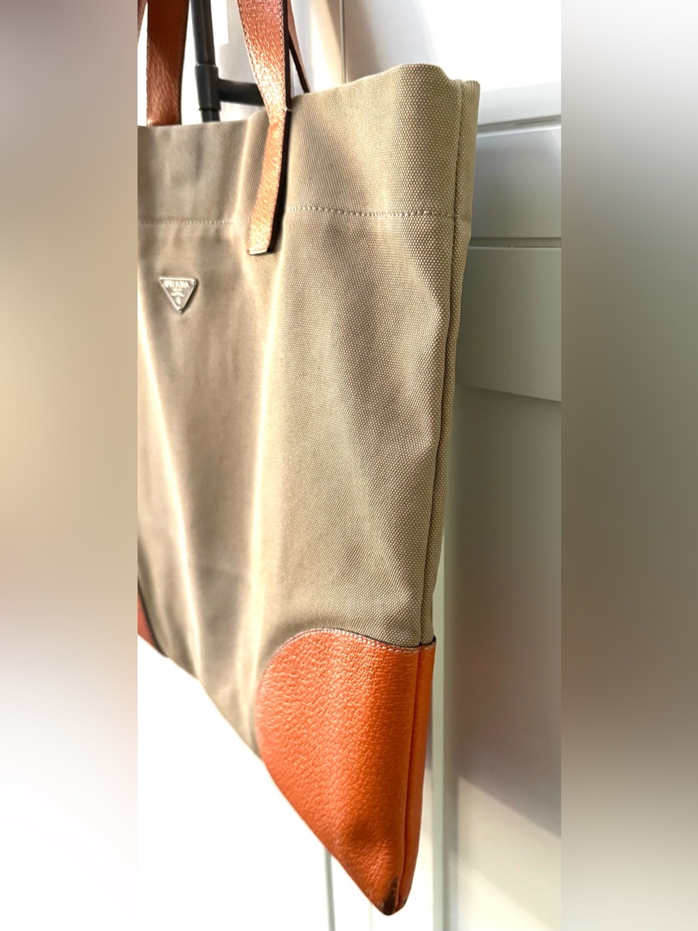 PRADA + COA Vintage Canvas & Leather Tote Bag Beige Orange Shoulder Bag Italy - Picture 4 of 10